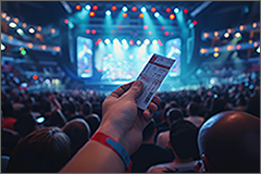 A person holding up a concert ticket in front of a venue stage