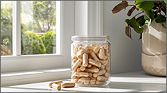 Clear jar on a white windowsill filled with beige capsules, accompanied by a plant, in a bright, natural light setting.